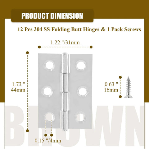 Suiwotin chrome 2-inch stainless steel butt hinge, 12-pack with screws for small cabinets and jewelry boxes