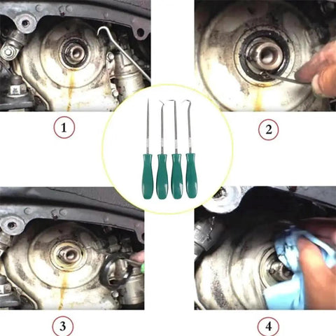 Four Piece Oil Seal Puller Kit With Internal And External Hooks O Ring Tool And Pry Bar For Automotive Seals And Gaskets in use