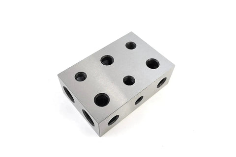 One Two Three Block Set In Hardened Tool Steel RC 56 60 Precision Ground On All Six Sides For Ultra Flatness And Squareness 11 Hole Universal Block System Matched Pair Two Each For Machinists And DIY Pros showing close-up view of precision-ground block with multiple holes