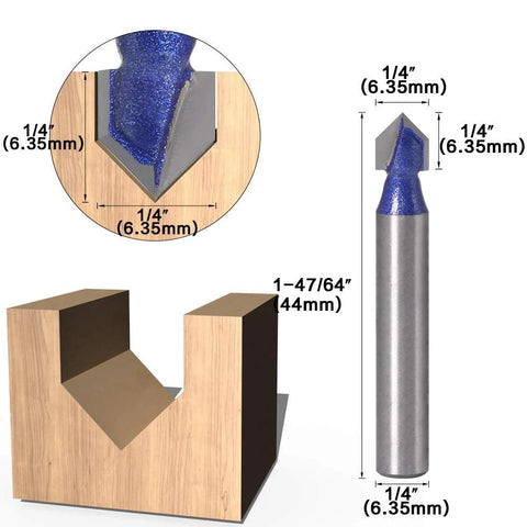 Pro Grade 1/4-Inch Shank 90 Degree V Groove Router Bit Set for CNC Engraving and Sign Making by Yakamoz with V groove diagram.