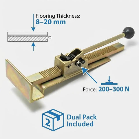 Pro Grade Flooring Jack For Hardwood Installations With Ratcheting Alignment Tool; image shows metal jack for 8 to 20 mm floors.