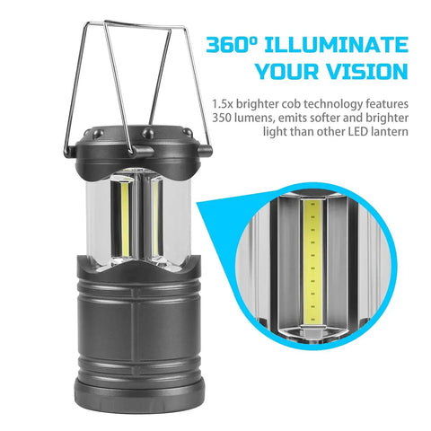 LED Camping Lantern 4 Pack Battery Powered Emergency Light 360 Degree Coverage, front view showing 350 lumens and COB technology.