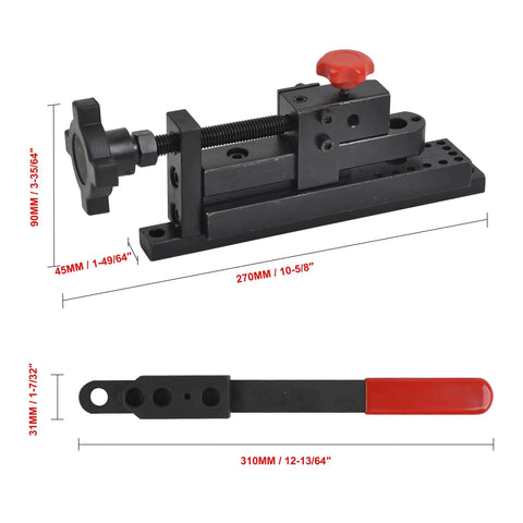 Manual Bench Mounted Mini Universal Bending Bender for wire, flat metal, and tubing with measurements and red handle detail
