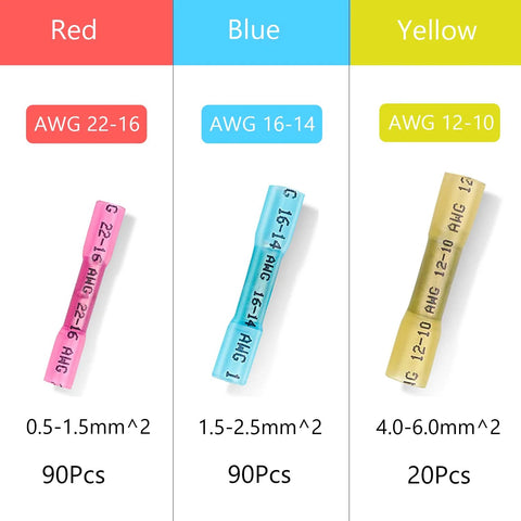 Heat shrink butt connectors set in red, blue, yellow for automotive wiring; 90pcs red, 90pcs blue, 20pcs yellow.