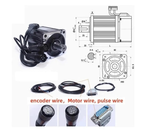 AC servo motor with encoder cables and power cables, front shaft visible, schematic drawing in background