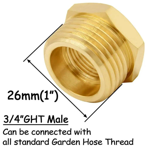 Brass Garden Hose Reducer Adapter 3/4 GHT Male showing threads and size, part of 2 Pack Water Hose Nipple Fittings