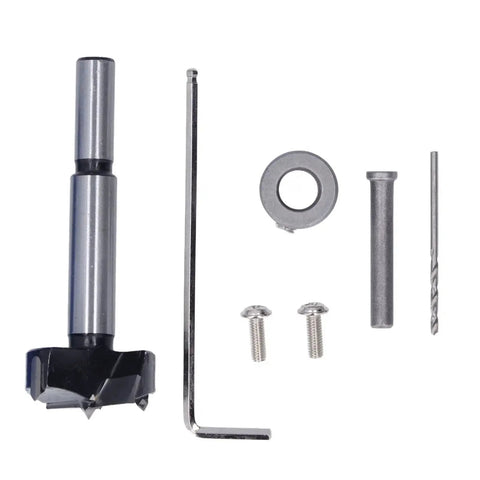 35mm Hinge Hole Saw Jig Drill Guide Set For Woodworking And Door Hardware Installations Adjustable Depth Stop From 15mm To 45mm ABS Plastic Locator Guide For DIYers And Pros Precise Punching And Boring Blue with hex key and screws.