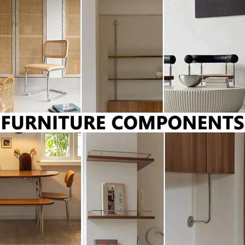 Collage of furniture components including chairs, shelves, and tables with modern design.
