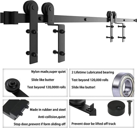 Heavy Duty Carbon Steel Sliding Barn Door Track Hardware Kit With Ceiling Mount, black powder coated, close-up of components.