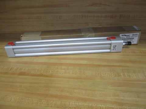 Rexroth Bosch TM-811000-03130 Pneumatic Cylinder, 12.5 inch stroke, 17 inch body, displayed with packaging on wooden surface