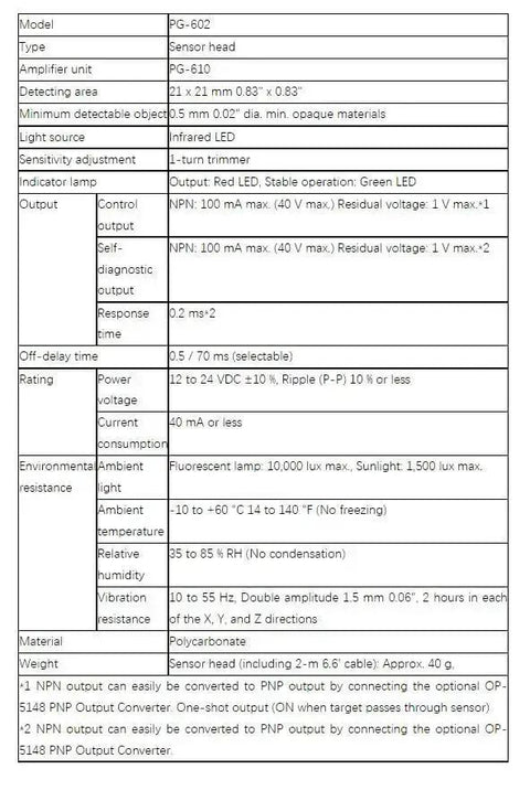Specifications table for PG-602 Photoelectric Sensor with PG-610 Amplifier Head 21x21 mm Detecting Area.