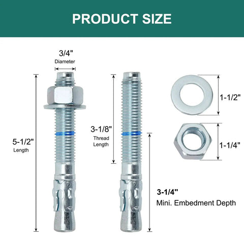Three Quarter Inch By Five And One Half Inch Concrete Wedge Anchors Bolts Zinc Plated 10 Pack Heavy Duty Carbon Steel Anchors image