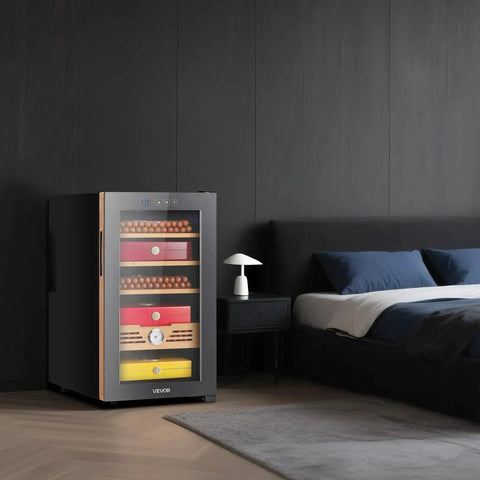 Electric Humidor For Home Use 48L Cigar Cabinet With Cooling Temperature Control and Spanish Cedar Shelves in bedroom setting