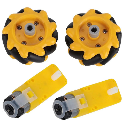 Mecanum Wheels For TT Motors With Rubber Coating 48mm Diameter 1.9 Inch Yellow And Black ABS And Rubber Construction