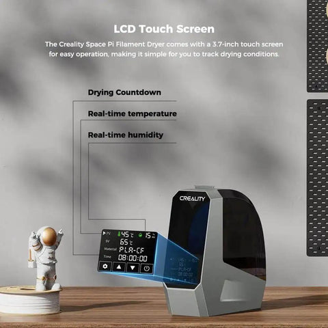 Space Pi Filament Dryer With Spool Holder, Fast Drying Tech, Touchscreen Control, on a wooden desk with LCD screen display