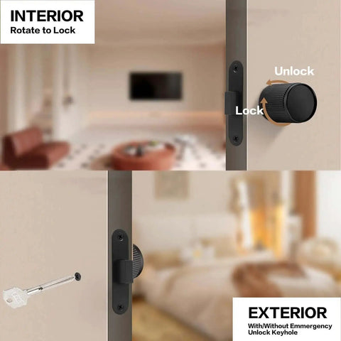 Interior and exterior view of Two Pack Invisible Minimalist Door Lock with a single-sided black round handle for secret rooms.