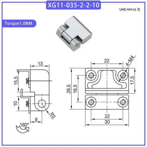 Zinc alloy damping cabinet hinge with torque-adjustable pivot for cabinet doors; front and side views, 1-piece.