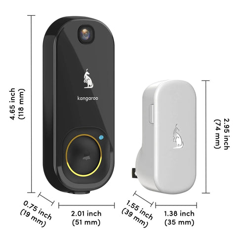 Wireless Doorbell System with two doorbells and chimes, battery powered, dimensions labeled, sleek design, no wiring needed.