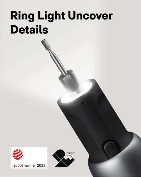 Cordless Rotary Tool Kit With Five Speed Settings Up To 25000 RPM For DIY Folks USB C Rechargeable LED Light And 35 Attachments For Engraving Sanding Drilling Cutting Polishing Carving And Craft Projects showing LED light feature in close-up