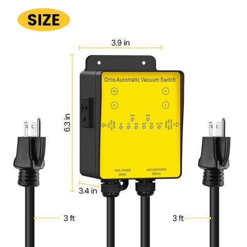 Ortis Automatic Vacuum Switch, yellow control panel with 220VAC tool/vacuum outlets, black housing, two 3 ft cords