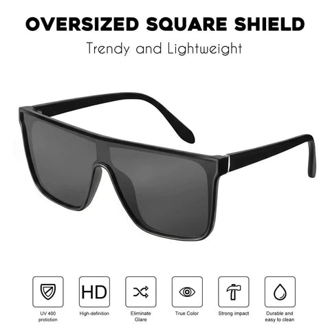 Polarized Square Sunglasses For Women And Men Oversized Flat Top Design Wide Rectangular Black Shades With Premium UV 400 Protection