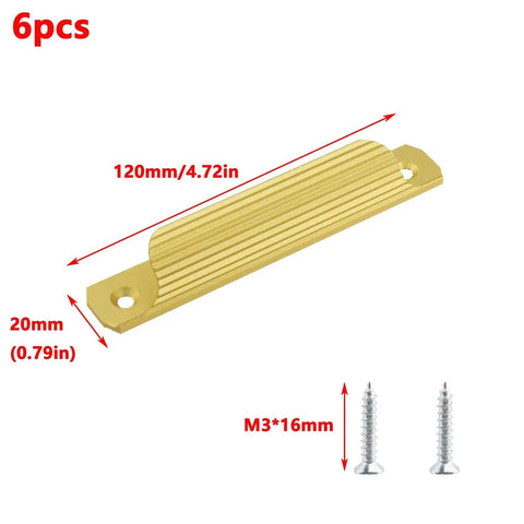 Gold Aluminum Window Sash Lift Handle Set 6 Pieces Finger Pulls with dimensions and screws shown
