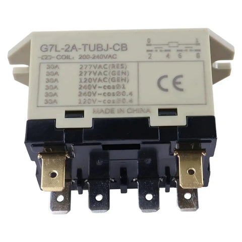 Enclosed Power Relay G7L-2A-TUBJ-CB DPST-NO With Test Button for 200-240VAC showing terminal connections and label