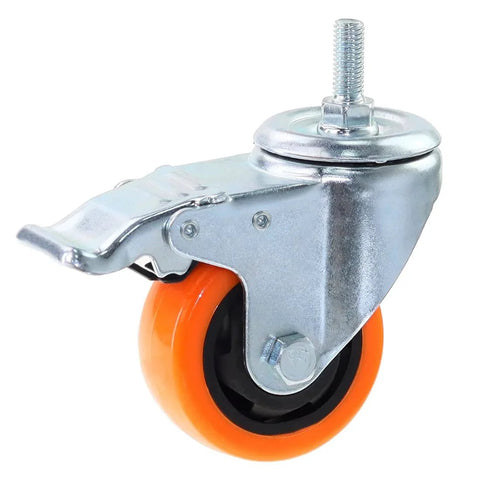 M10 Threaded Stem Caster Wheels Set 1.5x25mm Dual Locking No Noise PVC Casters For Workbench Dolly And Furniture 3 Inch Orange