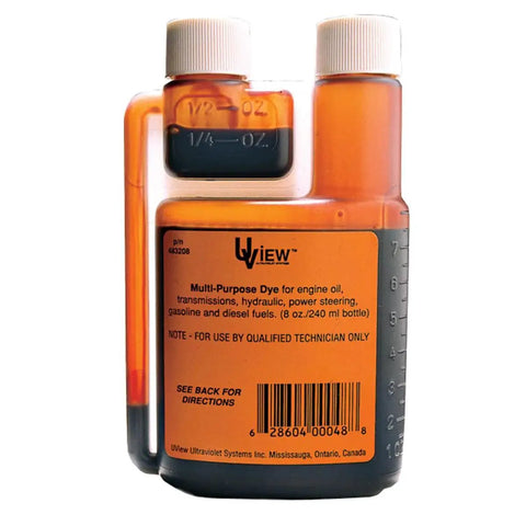 Multi-Purpose UV Dye For Leak Detection 8 Oz Bottle With Built In Measuring, front view showing measuring device and label