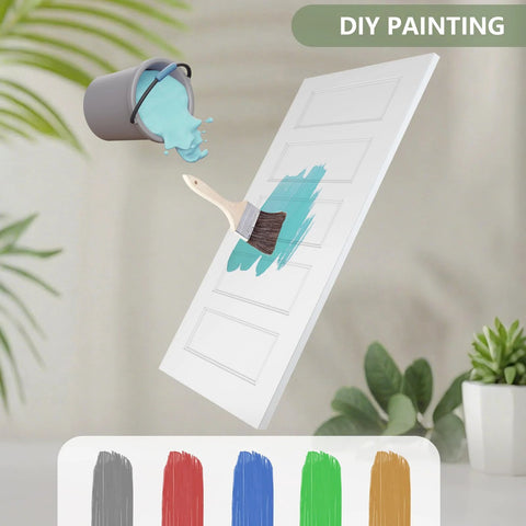 Painting a panel of the 48x80 In 5 Panel Bypass Sliding Closet Door Kit With White Primed Slabs using blue paint and brush