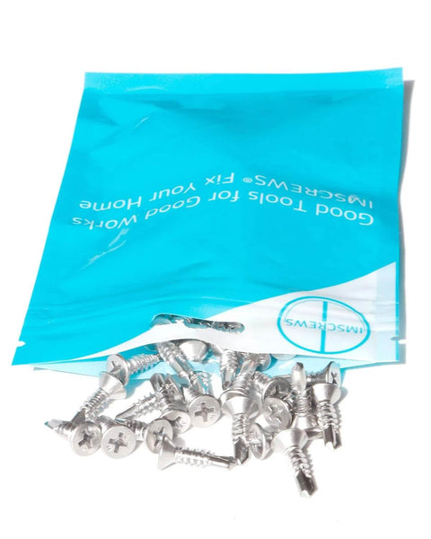 Self Drilling Tek Screws Number Ten By Three Quarters Inch 410 Stainless Steel Flat Head Phillips Sheet Metal Fasteners Built Tough High Hardness No Pre Drill Wood To Metal 25 Pieces in blue packaging
