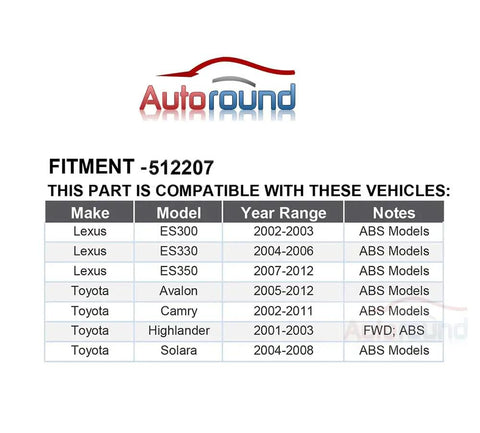 Compatibility chart for Rear Right Wheel Hub And Bearing Assembly 512207 with ABS for Toyota Camry Avalon Highlander Solara Lexus models