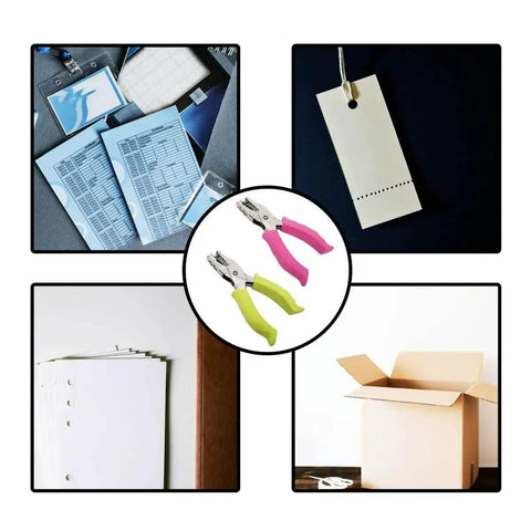 Soft Grip Hole Punch Set with two handy mini punches for scrapbooks, office projects, and DIY crafts, shown with punched paper examples.
