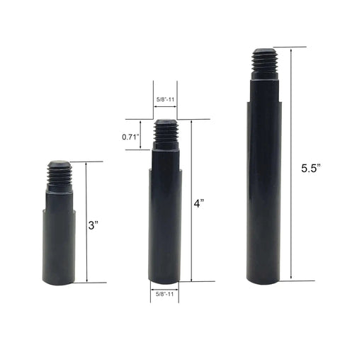 Three 5/8-11 angle grinder extension shafts in 3-inch, 3.9-inch, 5.5-inch lengths made from durable 45 steel with electrophoretic coating.