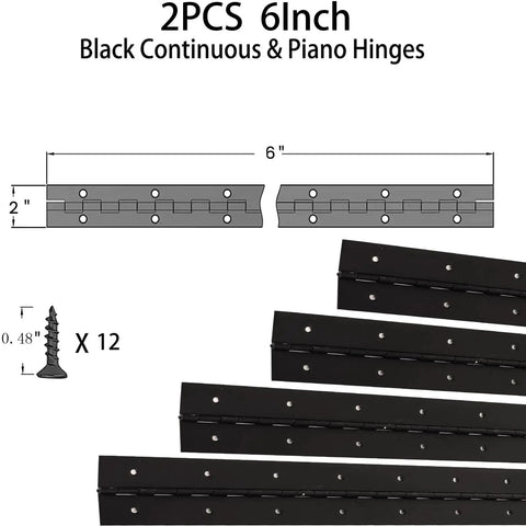 Two Pack 6 Inch Black Heavy Duty Piano Hinges Stainless Steel 2 Inch Open Width with screws shown in diagram