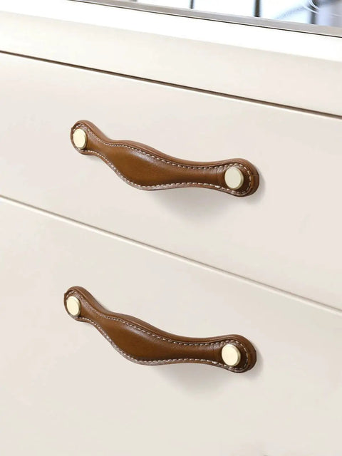 Leather Drawer Pulls 5 Pack, 5 Inch 128mm Leather Handles Knobs For Cabinets Drawers Dressers And Bathroom installed on white cabinet