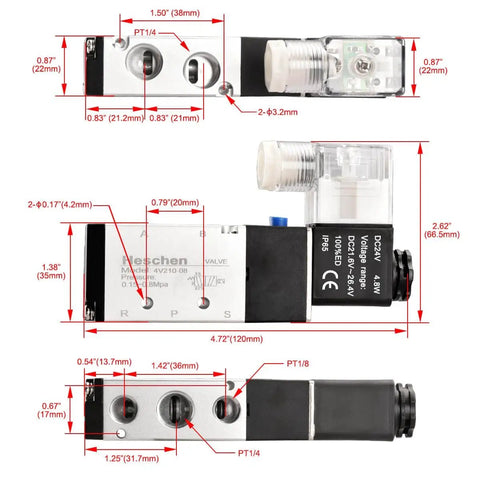 Beefy Electrical Pneumatic Solenoid Valve 5 Way 2 Position Internally Piloted 24VDC 4.8W Port Size Quarter Inch dimensions