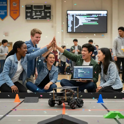Group of students celebrating around a FlexiRover Robot Car Kit For Raspberry Pi With 520 Motors With Encoders after a successful project demonstration.