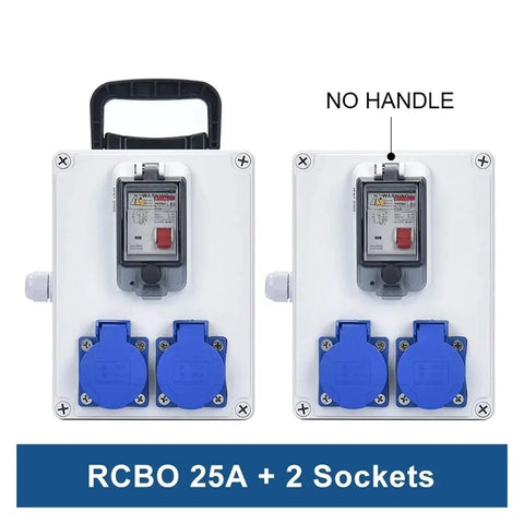 Wall Mounted Waterproof Power Box With Dual Button IP54 110V 220V 16A showing two blue sockets and handle option