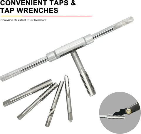 40 Piece Tap And Die Set With Metric M3 To M12 And SAE Sizes Pro Grade All In One Threading Kit showing tap wrenches and taps