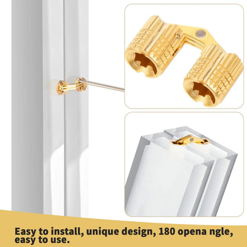Six 8 Mm Hidden Brass Hinges With 24 Screws For Concealed Cabinet Hardware, 180 Degree Opening, brass finish installed on white frame