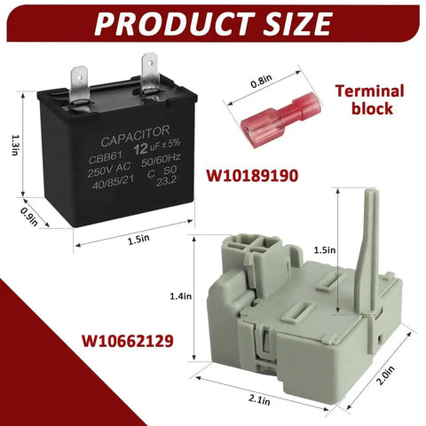 Refrigerator Start Relay And Capacitor Kit For Embraco QD TSD2 Compressor Compatible With Whirlpool Kenmore Models showing product size