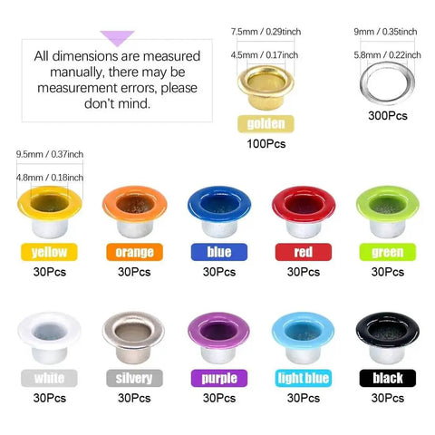Ten Colors 300 Pcs Metal Grommets Kit With 3/16 Inch Eyelets in various colors, including 100 gold grommets, shown with dimensions
