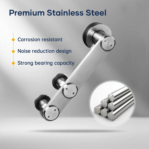 Heavy Duty 6 Ft Stainless Steel Sliding Barn Door Hardware Track Kit For 30 To 36 Inch Single Door Anti Rust Anti Corrosion Ultra Smooth Quiet Sliding With Ball Bearing Rollers And Easy Install, close-up of ball bearing rollers and stainless steel material.