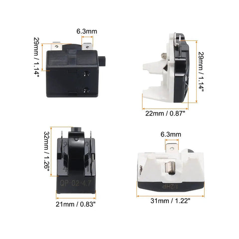 Refrigerator PTC Starter Relay With 3 Pin 4.7 Ohm Overload Protector, 1/2 HP, detailed views with dimensions for fridges.