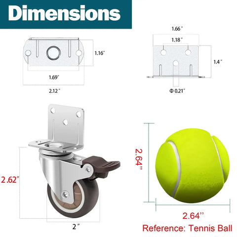 Side Mount L Shaped Plate 2 Inch Rubber Casters Set Of 4 With 2 Swivel And 2 Brakes Heavy Duty Low Profile Casters dimensions