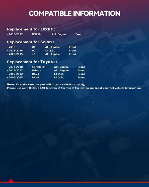 Compatibility chart for Lexus, Scion, and Toyota vehicle parts with years and models listed.