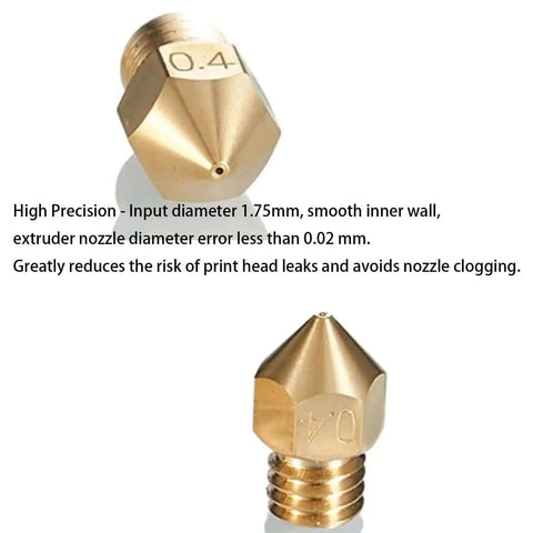 Close-up of 0.4mm brass nozzle from 26Pcs Ender 3 Nozzles Kit MK8 Brass 3D Printer Nozzles for Ender 3 and CR10.