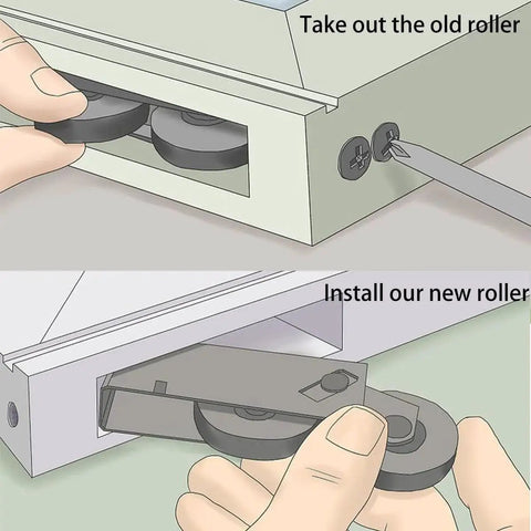 Two Pack Tandem Sliding Patio Door Roller Assembly One And A Quarter Inch Wheel With Steel Ball Bearings Rear Adjustable Replacement being installed