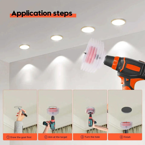 Step-by-step use of Six And A Quarter Inch Hole Saw For Recessed Can Lights With Dust Bowl Dust Catcher, showing ceiling installation.